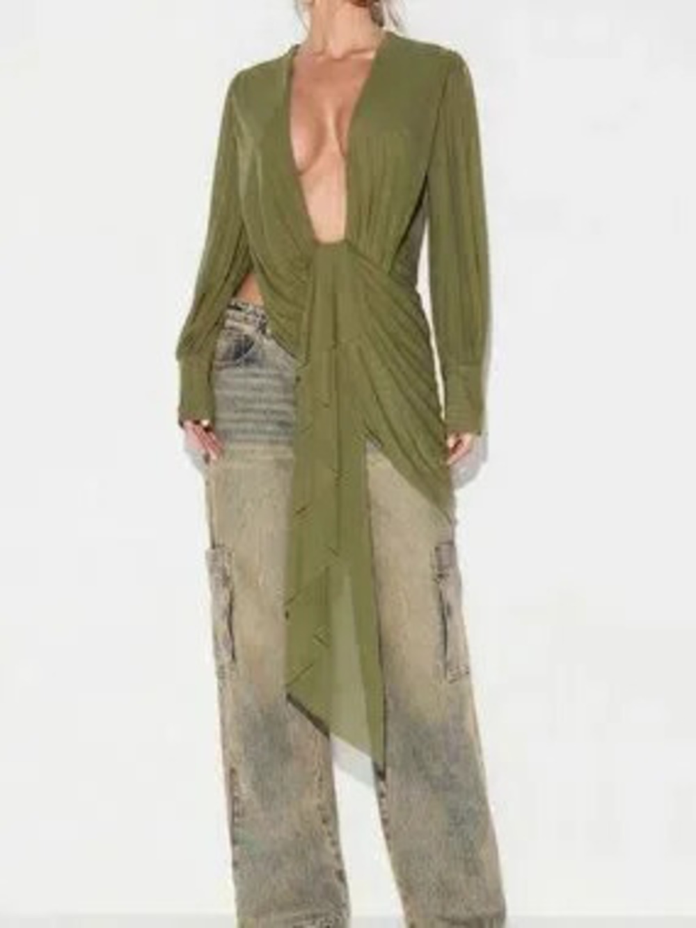 Khaki Sexy Women's Mesh V Neck Open Back Asymmetric Hem Blouse